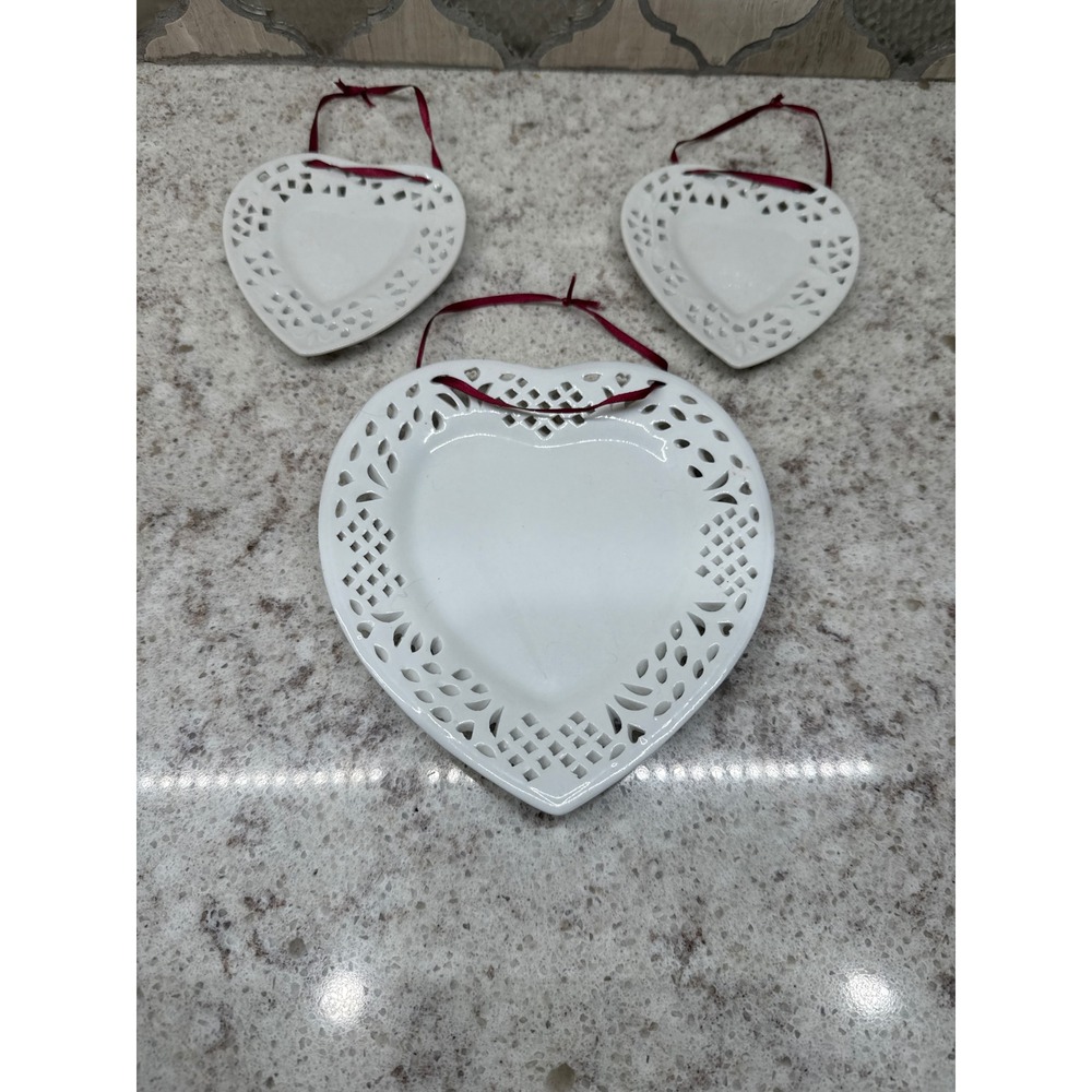 Set 3 Vintage White Ceramic Heart Wall Ornaments  Lattice Lace Design cottage